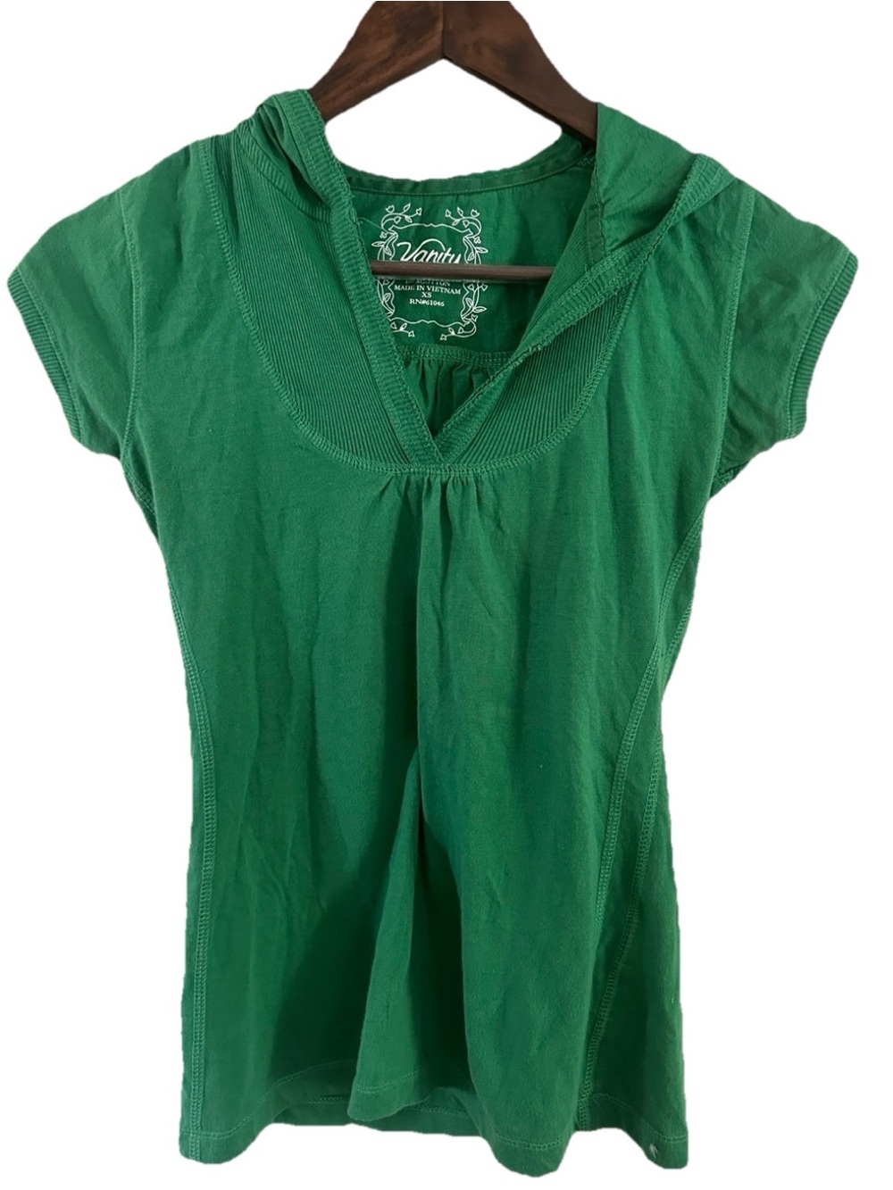Vanity Y2K Green Short Sleeve Hooded Top V-Neck Babydoll Tee Sz XS Vintage